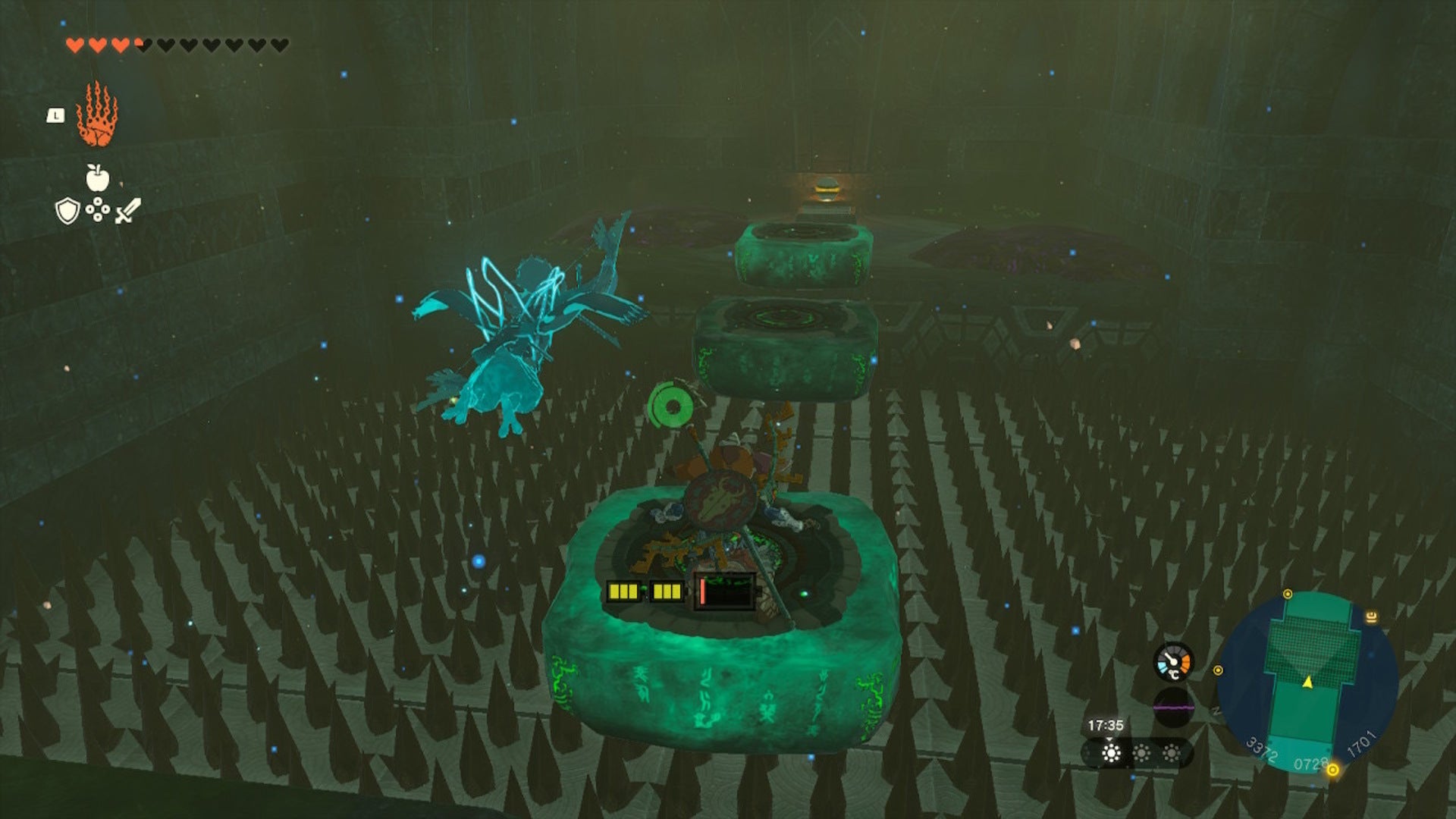 Link jumps across a spike pit using hover tablets in The Legend of Zelda: Tears of the Kingdom - 11