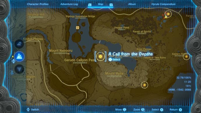 A map of the Great Plateau West Chasm in The Legend of Zelda: Tears of the Kingdom