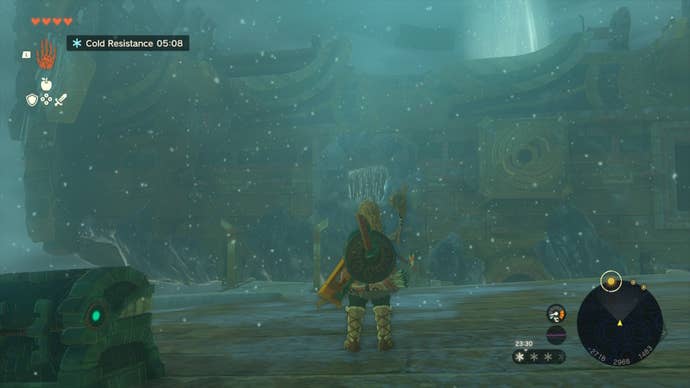 Link looks at an icy gate in the Wind Temple of The Legend of Zelda: Tears of the Kingdom