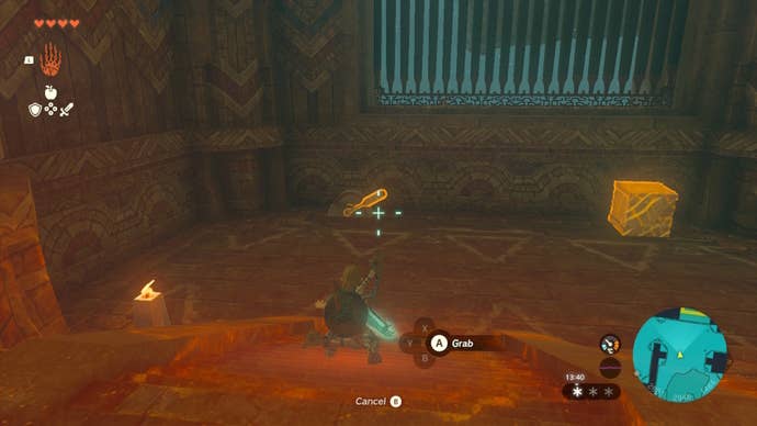 Link uses Ultrahand on a lever in the Wind Temple of The Legend of Zelda: Tears of the Kingdom