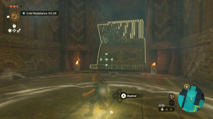 Link uses Recall on a wheel in the Wind Temple of The Legend of Zelda: Tears of the Kingdom