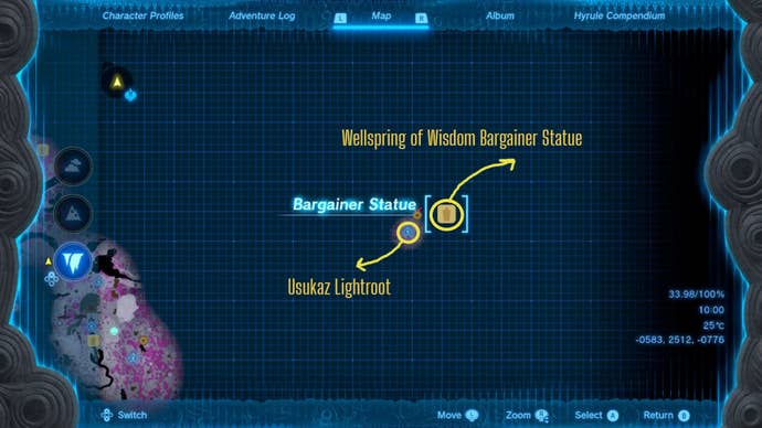 A labelled map showing the location of the Wellspring of Wisdom Bargainer Statue in The Legend of Zelda: Tears of the Kingdom