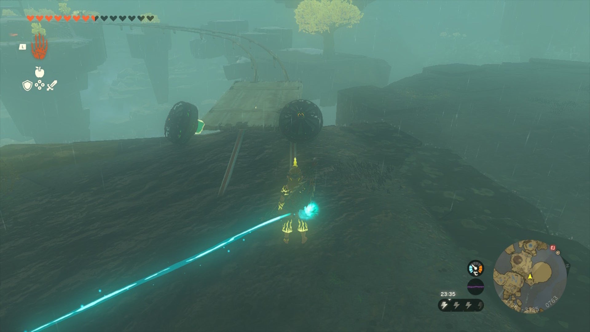 Link looks ahead at a wooden mine cart contraption in The Legend of Zelda: Tears of the Kingdom - 9