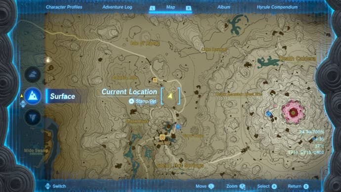 A map showing the location of the Yunobo HQ South Cave in The Legend of Zelda: Tears of the Kingdom
