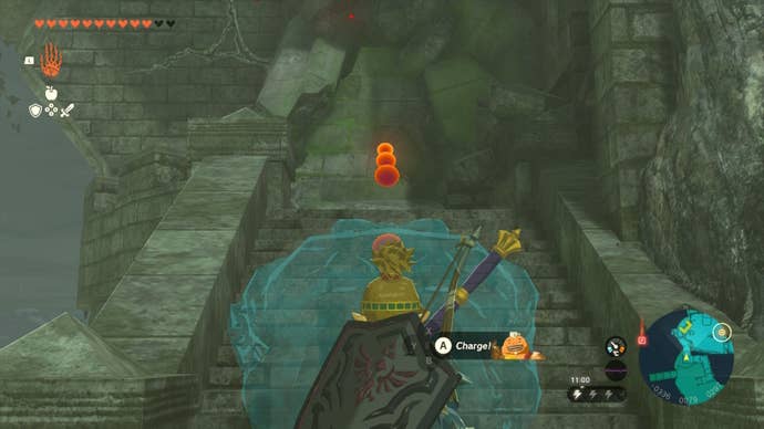 Link aims Yunobo at a blockade in front of Zelda’s room in
The Legend of Zelda: Tears of the Kingdom
