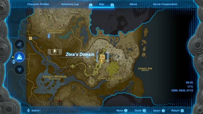 A map of Zora Domain in The Legend of Zelda: Tears of the Kingdom