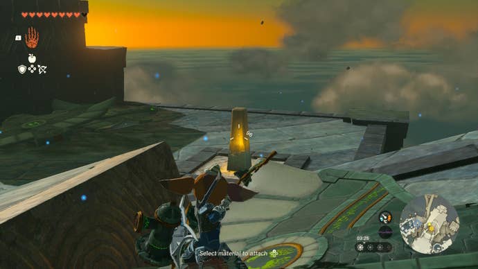 Link aims at a switch with his arrow while stood on a glider in The Legend of Zelda: Tears of the Kingdom