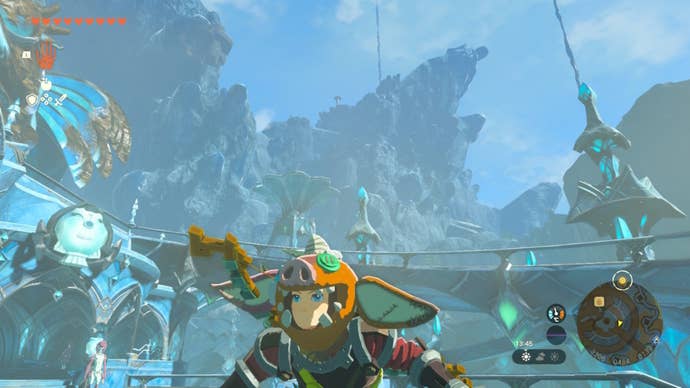 Mipha’s Court is in the distant background behind Link in The Legend of Zelda: Tears of the Kingdom