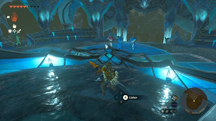 Link, sat in the Zora Domain throne, eavesdrop on a conversation in The Legend of Zelda: Tears of the Kingdom