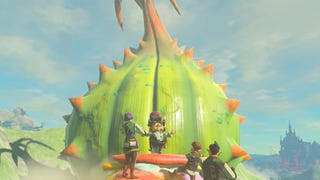 A group of musicians surround a large, spiky plant bud which is where a Great Fairy will spring from in Zelda: Tears of the Kingdom.