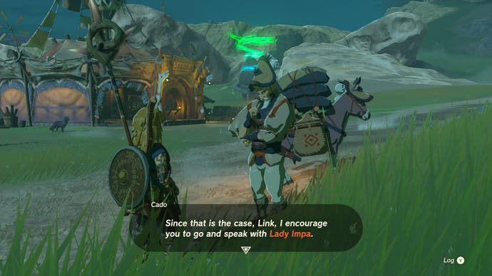 Link talking to Cado at the start of the Impa and the Geoglyphs quest in The Legend of Zelda: Tears of the Kingdom.