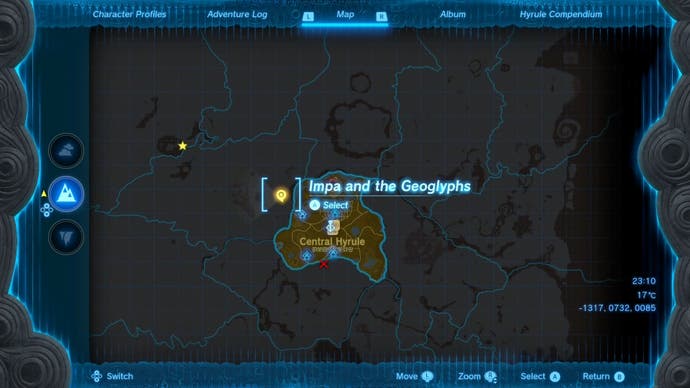 Map showing the location of the Impa and the Geoglyphs quest in The Legend of Zelda: Tears of the Kingdom.