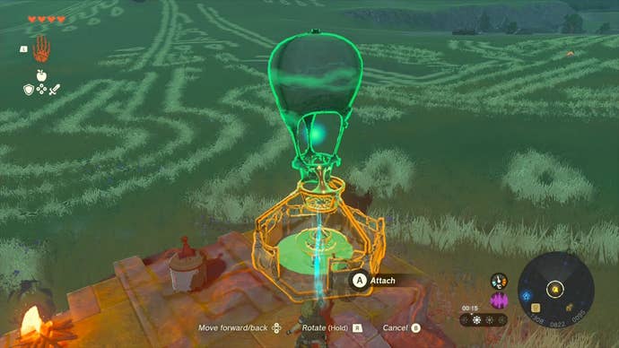 Link using the Ultrahand ability to start fixing Impa’s hot air balloon.