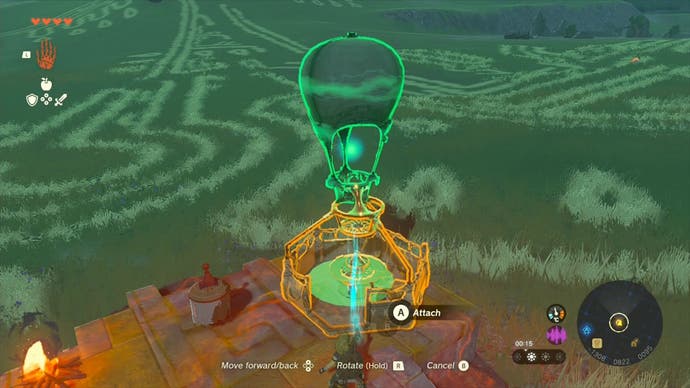 Link using the Ultrahand ability to start fixing Impa's hot air balloon.