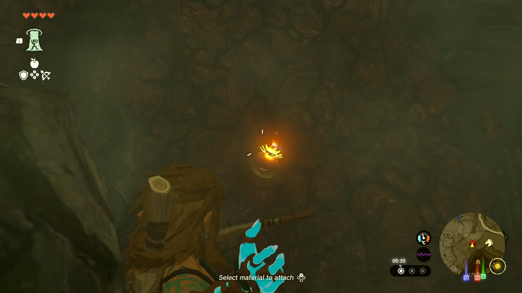 Link firing a bomb arrow in the Tanagar Canyon West Cave in The Legend of Zelda: Tears of the Kingdom.
