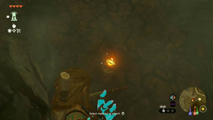 Link firing a bomb arrow in the Tanagar Canyon West Cave in The Legend of Zelda: Tears of the Kingdom.