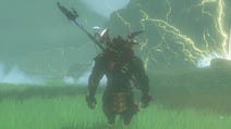 A powerful Lynel enemy with lightning bolts in the background in The Legend of Zelda: Tears of the Kingdom.