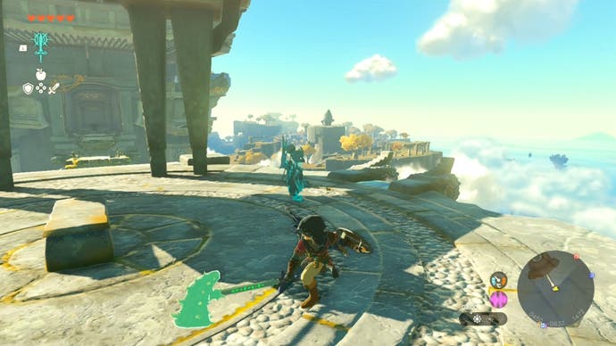 Link performing an attack with the Master Sword which has been fused with another object to create a unique, makeshift weapon.