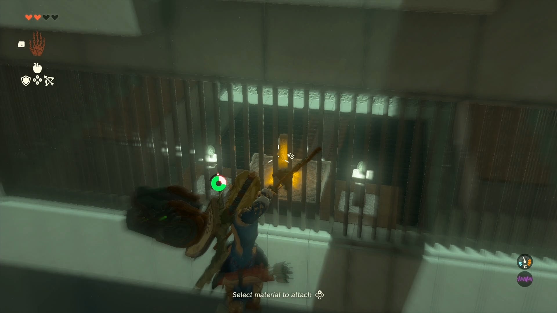 Link aiming at a switch with his bow and arrow after being catapulted into the air in the Mayaumekis Shrine.