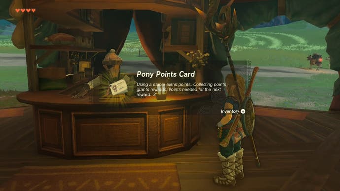 In-game description of the Pony Points rewards scheme which incentivises players for using stables in The Legend of Zelda: Tears of the Kingdom.
