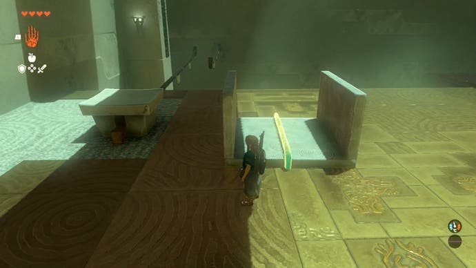 Link standing next to a platform the player created in the Runakit Shrine.