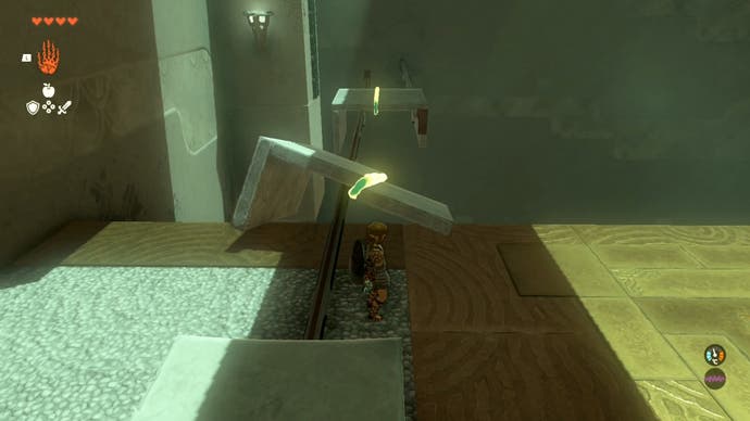 Link placing multiple stone platforms on a railing so the player can reach a distant treasure chest in the Runakit Shrine.