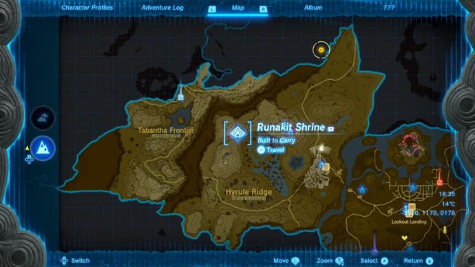 Map showing the location of the Runakit Shrine in The Legend of Zelda: Tears of the Kingdom.