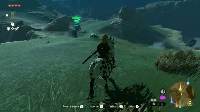 Link approaching the Runakit Shrine on horseback.