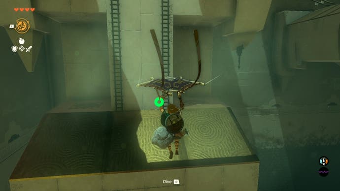 Link gliding towards a pair of ladders in the Runakit Shrine in The Legend of Zelda: Tears of the Kingdom.