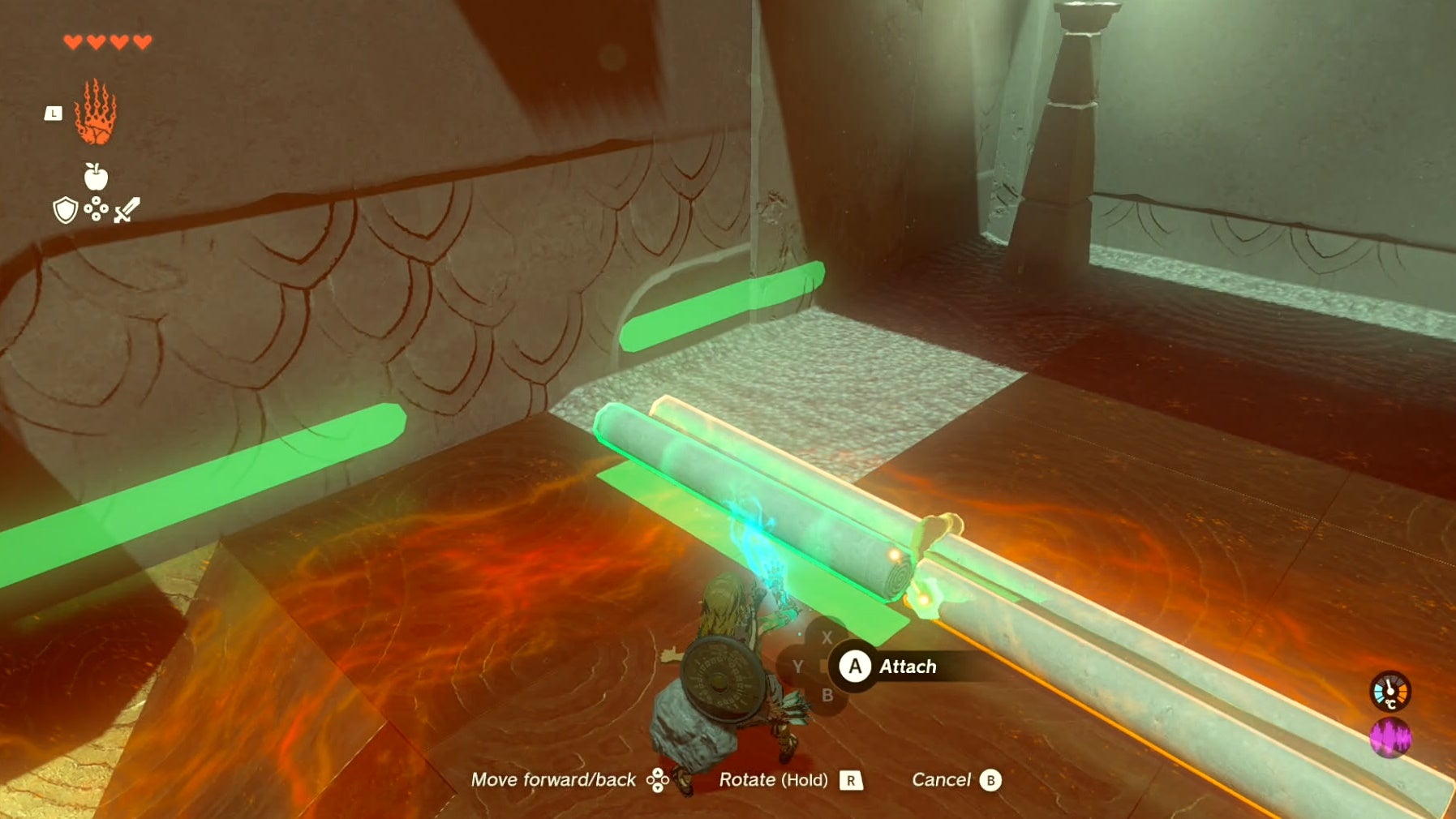 Link using the Ultrahand ability to attach pieces of wood together to solve a puzzle in the Runakit Shrine.
