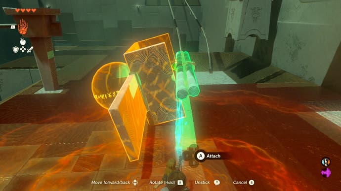 Link using the Ultrahand ability to move a huge contraption that is needed to solve the last puzzle in the Runakit Shrine.