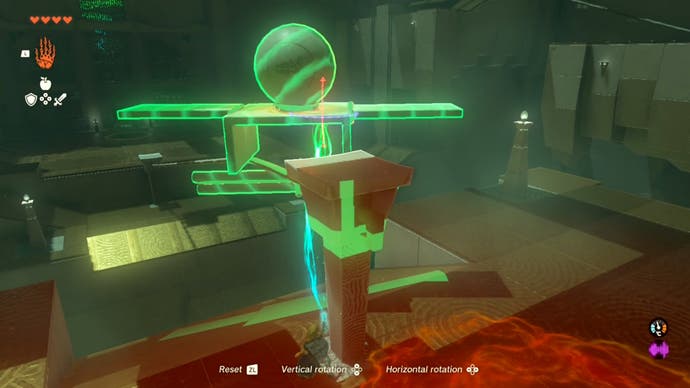 Link using the Ultrahand ability to create a huge contraption made of stone, wood and a metal ball that is needed to solve the final puzzle in the Runakit Shrine.