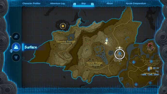 Map showing the location of the Sinakawak Shrine in The Legend of Zelda: Tears of the Kingdom.