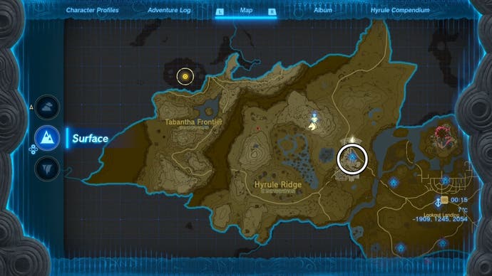 Map showing the location of the Sinakawak Shrine in The Legend of Zelda: Tears of the Kingdom.