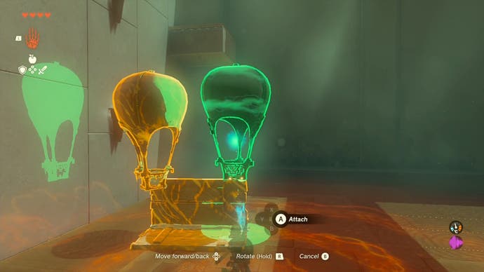 Link attaching balloons to pieces of wood as part of a puzzle in the Sinakawak Shrine, as the player tries to make a hot air balloon to travel on.
