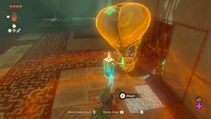 Link using the Ultrahand ability to move a hot air balloon in the Sinakawak Shrine.