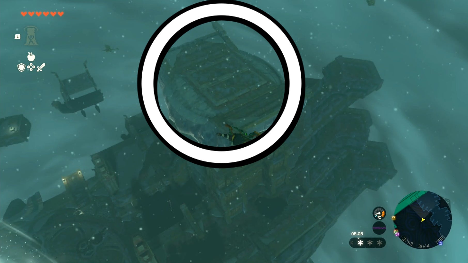 Link exploring the Wind Temple, with an area circled that the player needs to visit to progress.
