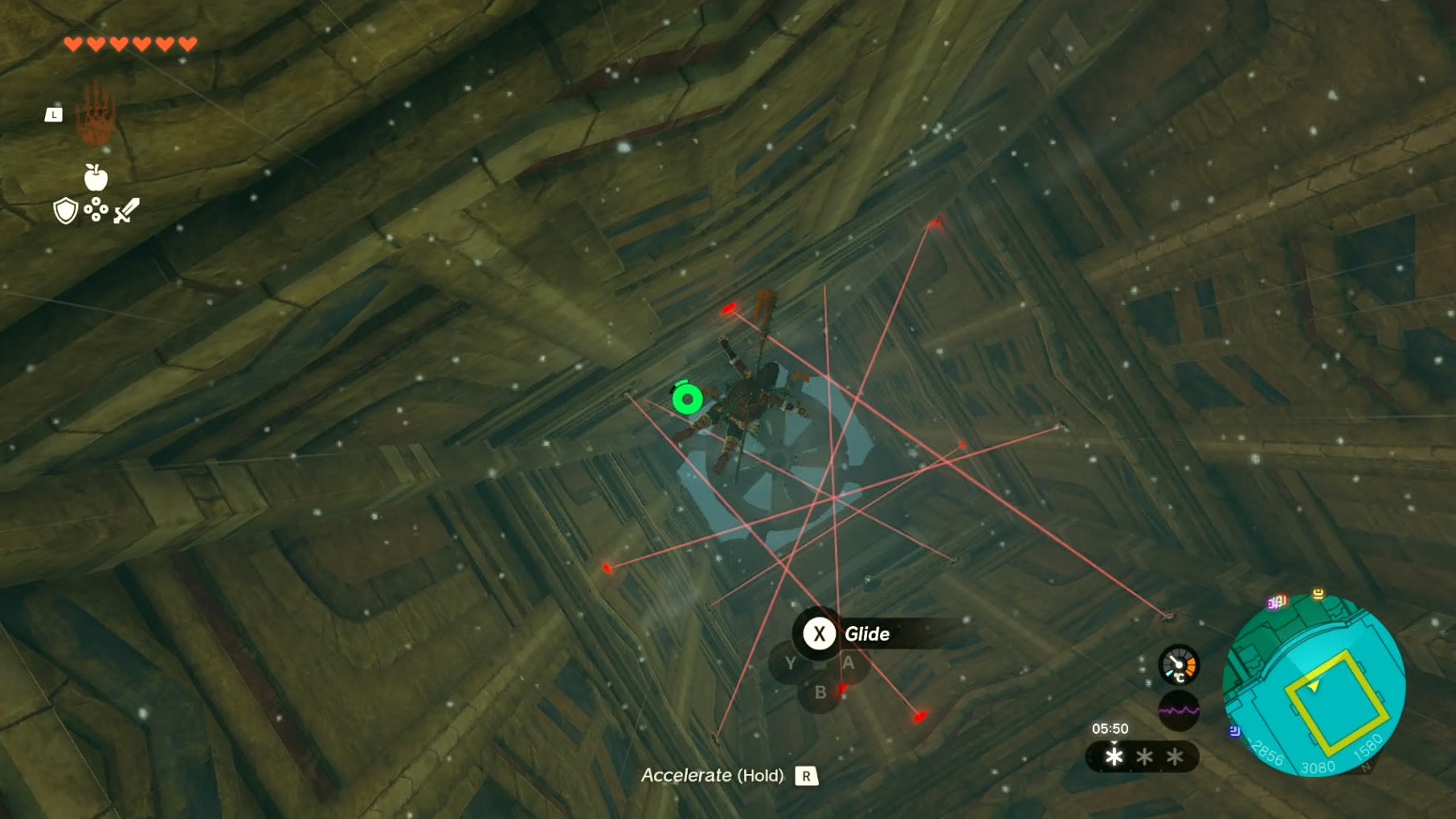 Link jumping towards a grid of lasers in the Wind Temple in The Legend of Zelda: Tears of the Kingdom.