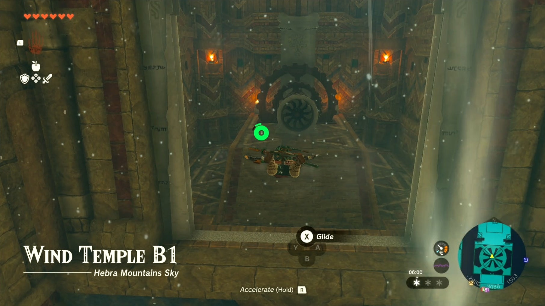 Link gliding towards the second Wind Lock in Tears of the Kingdom&rsquo;s the Wind Temple.