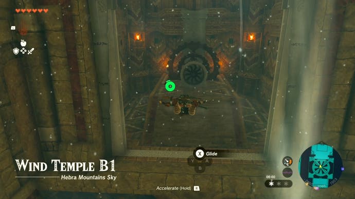 Link gliding towards the second Wind Lock in Tears of the Kingdom's the Wind Temple.