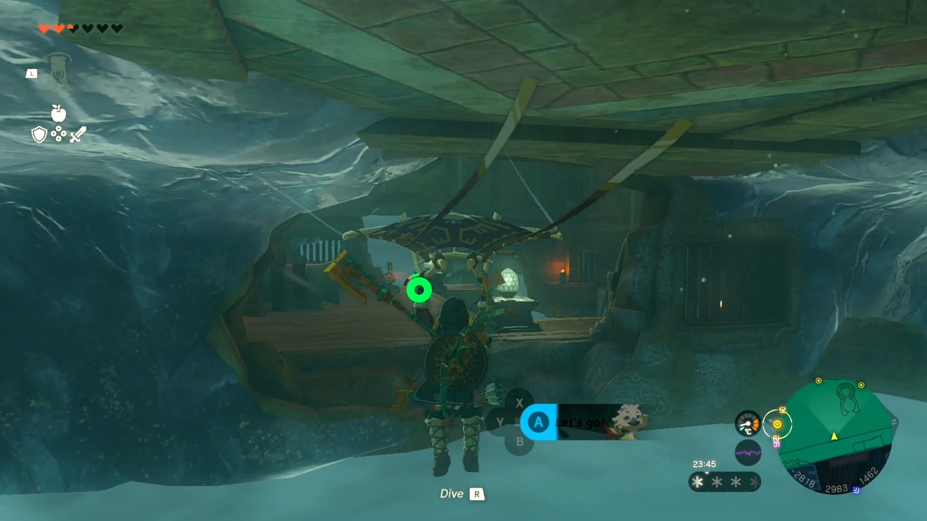 Link gliding towards a hidden area in the Wind Temple as the player hunts for the third Wind Lock.