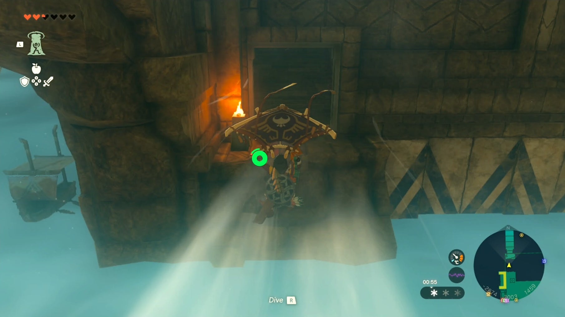 Link using his glider as he explores the Wind Temple in The Legend of Zelda: Tears of the Kingdom.