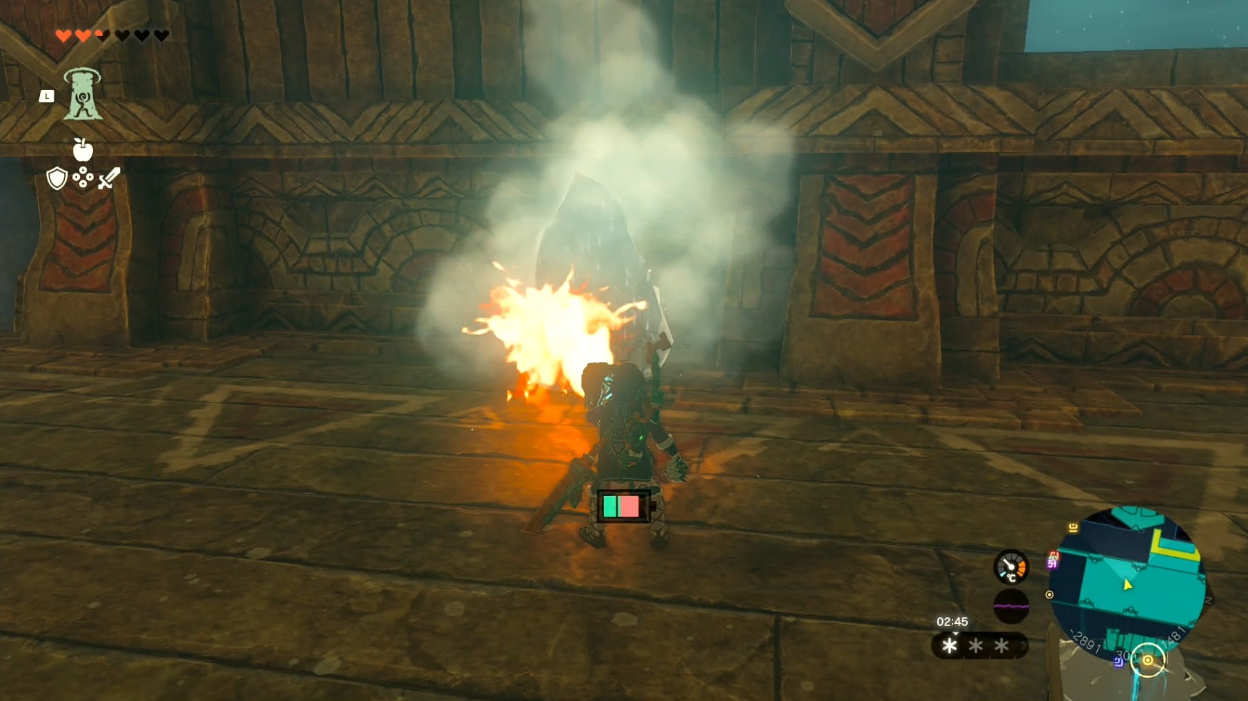 Link trying to melt a large chunk of ice in the Wind Temple.