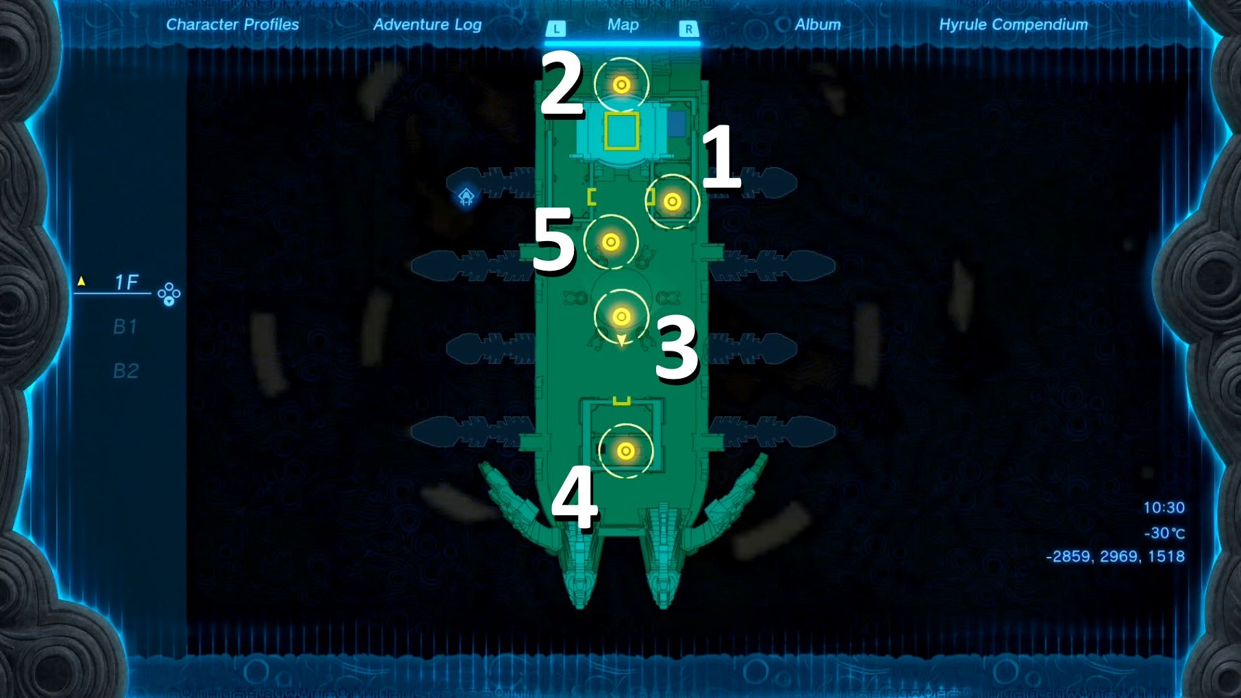 Map showing the locations of five Wind Locks in Tears of the Kindgom&rsquo;s the Wind Temple.