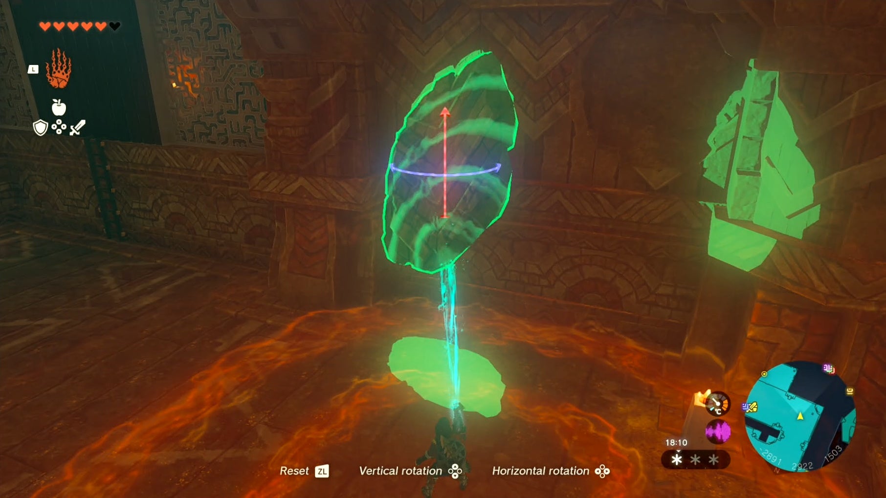 Link using his Ultrahand ability to attach a stone slab to a cog in the Wind Temple.