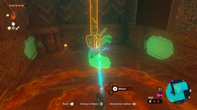 Link using his Ultrahand ability to attach a stone slab to the bottom of a cog in the Wind temple.