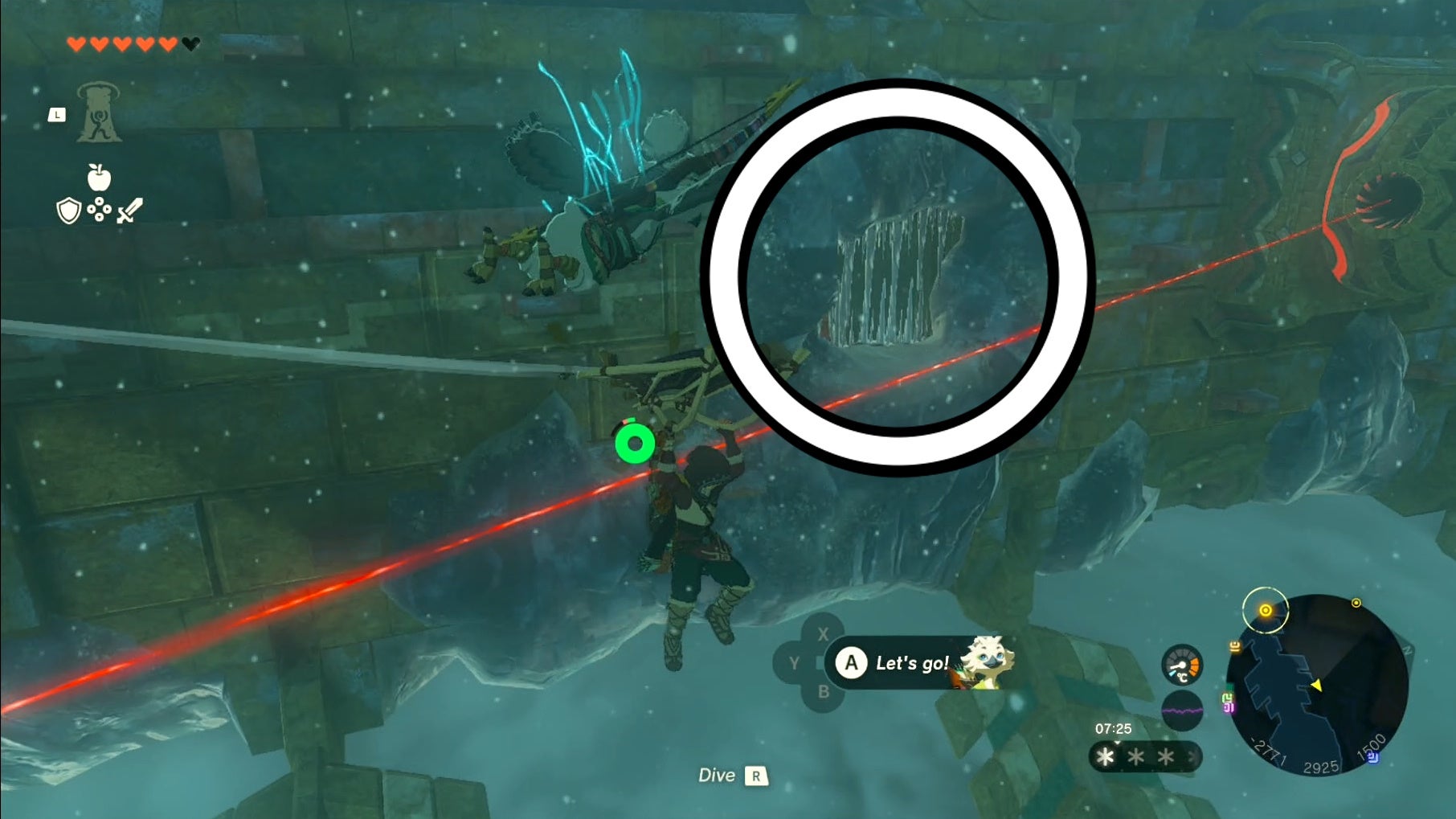 Link exploring the Wind Temple, with an area circled that shows where players will find the fifth and final Wind Lock.