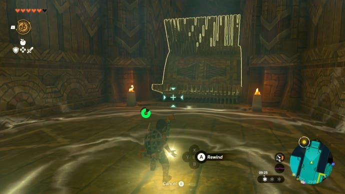 Link using his Recall ability on a large, moving structure in the Wind Temple to rewind it.