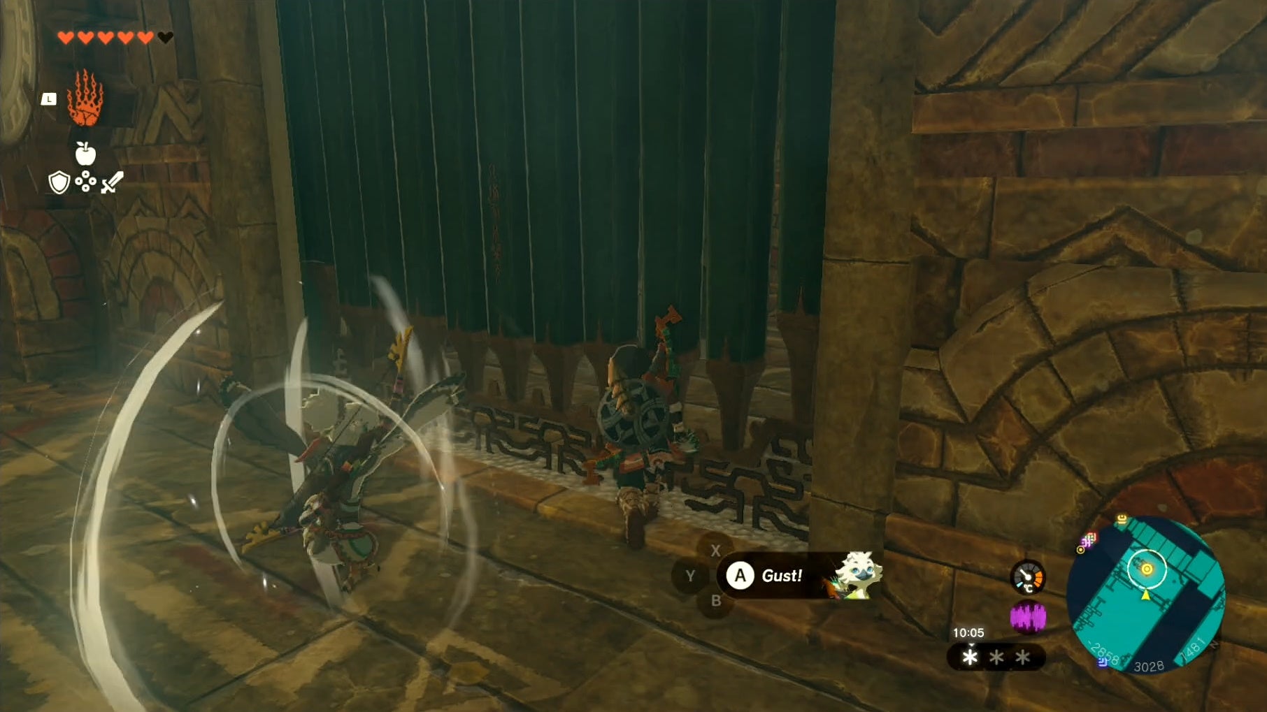 Link getting Tulin to use his Gust ability in the Wind Temple in Tears of the Kingdom.