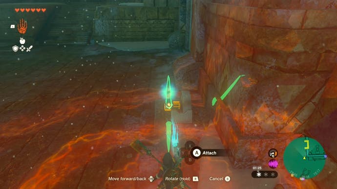 Link using his Ultrahand ability to attach an icicle to a broken lever in the Wind Temple.
